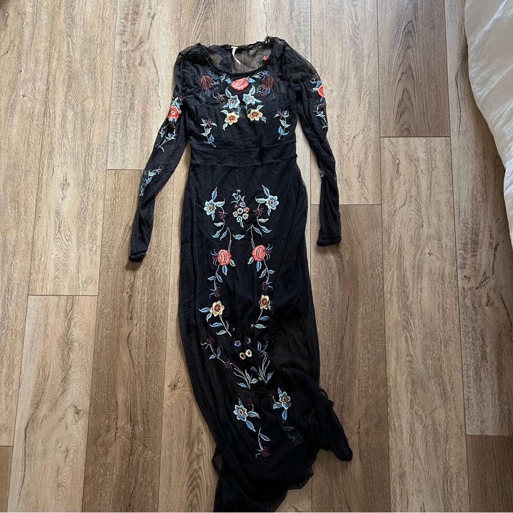 Free People Embroidered Whimsigoth Long Sleeve Mesh Maxi Dress Fairy Grunge Boho